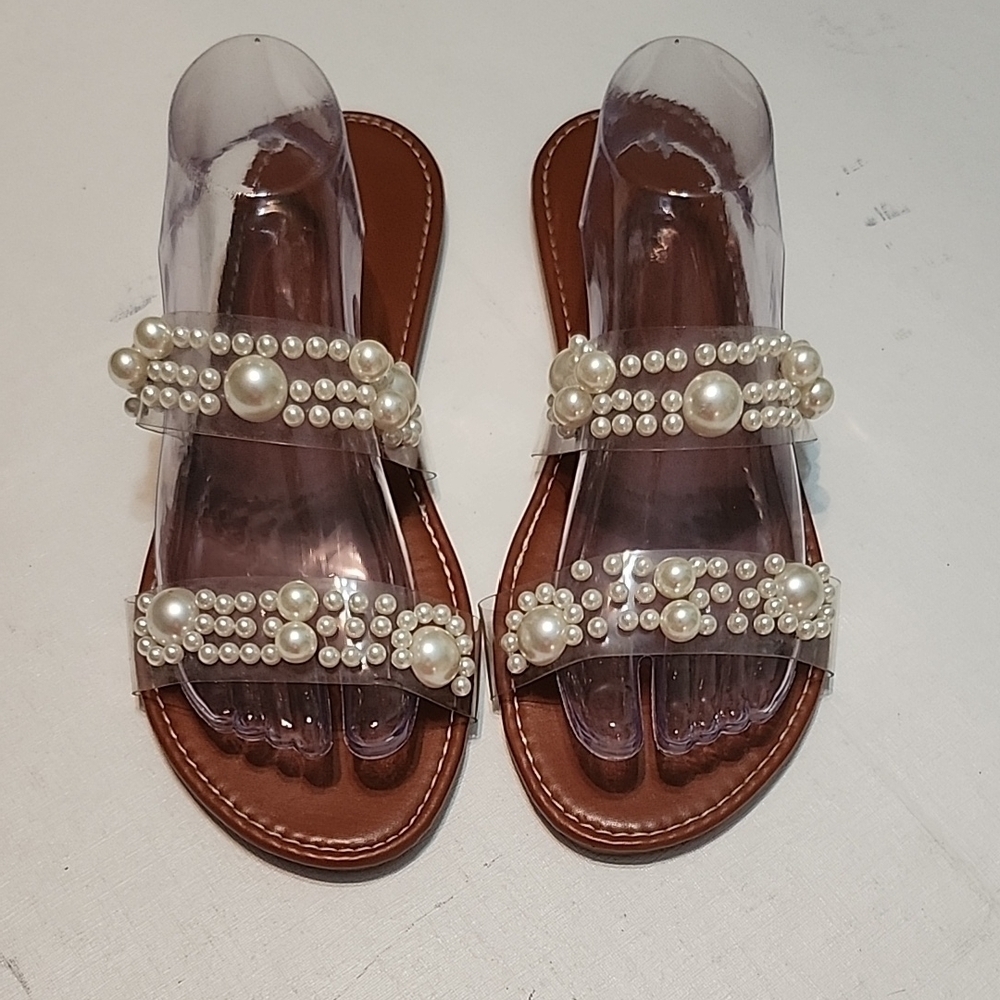 Pearl Embellished Clear Sandals, Size 43/11.5